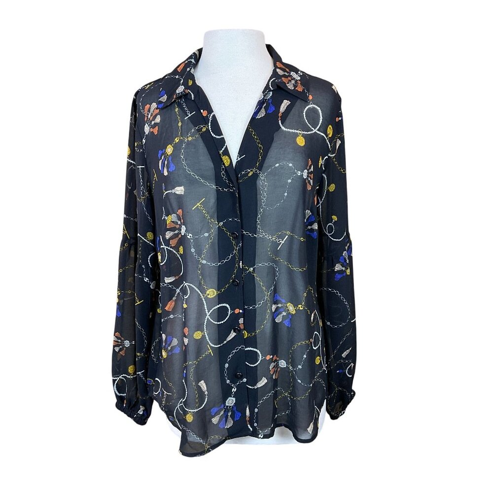 CABI Long Sleeve Button Front Victoria Status Print Semi Sheer Blouse LG